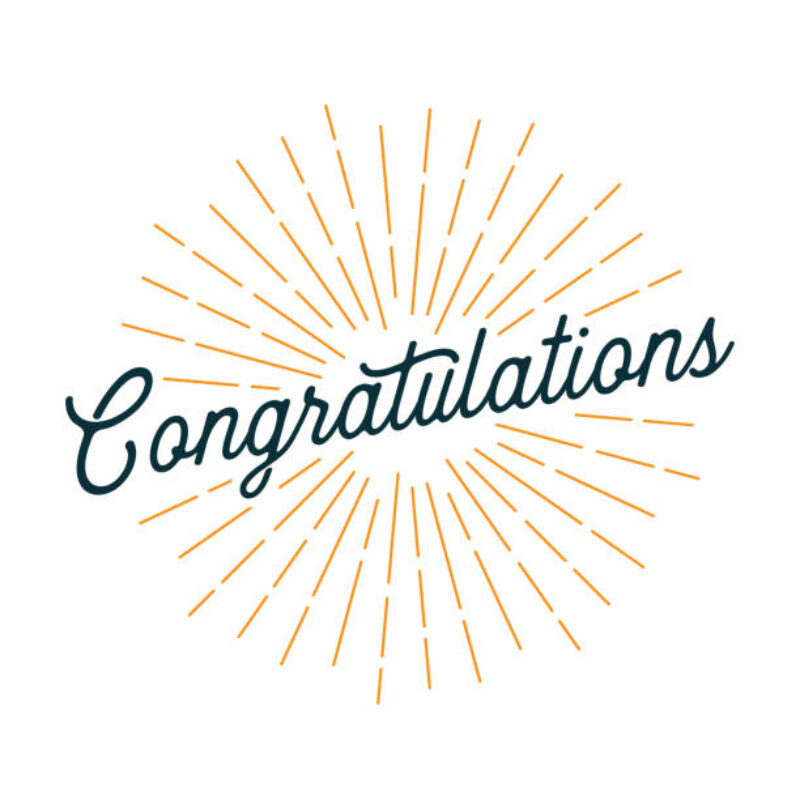 Congratulations text in dark blue script with radiating orange lines creating a sunburst effect around it.