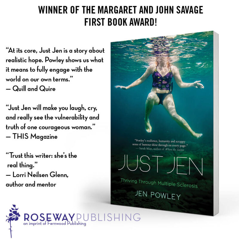 Book cover for "Just Jen" by Jen Powley showing a person swimming underwater, winner of Margaret and John Savage First Book Award.